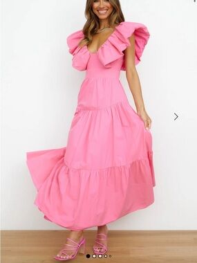 Selfie Leslie Hot Pink Ruffle Sleeve Maxi Dress